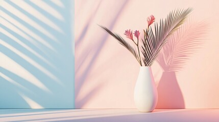 White Vase with Plumeria Under Colorful Light and Shadow, Minimalist Design for Interior Decoration