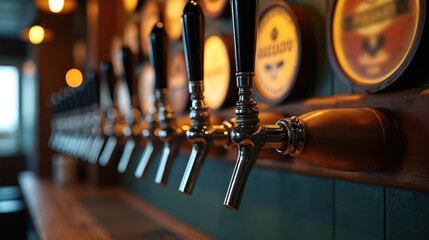 Row of shiny metal beer taps on a wooden bar. Behind them are round beer signs and wooden barrels. Interior of a pub with warm lighting. Craft brew pub.