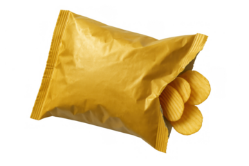 Open ridged potato chips bag spilling crispy snacks, golden color packaging, junk food, transparent background