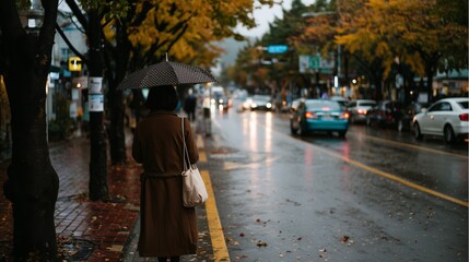 A woman walks along a wet city street, holding an umbrella on a rainy autumn day while traffic moves slowly.