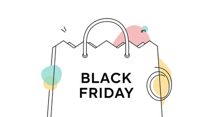 A minimalist illustration featuring a shopping bag with the text 'Black Friday' surrounded by abstract pastel shapes, representing retail sales and seasonal promotions.