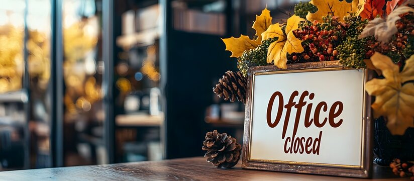 Closed office sign with autumn decorations