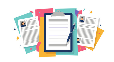 A collection of resumes and a clipboard with a pen suggest the hiring process, job applications, recruitment, or human resources management.