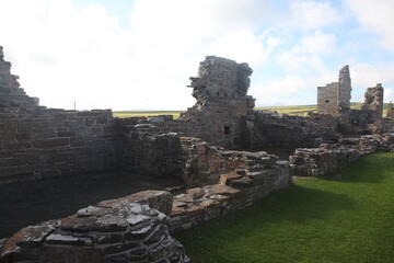 Ruins of the Earls Palace landmark in Kirkwall, Orkney, a moody historic 16th-century Renaissance...