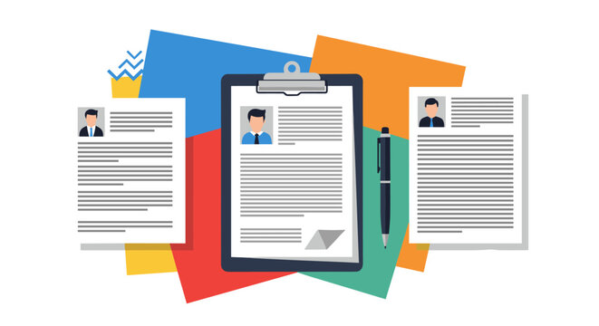 A collection of resumes and a clipboard suggest the hiring process, job applications, and career opportunities, representing recruitment and human resources concepts. - Powered by Adobe