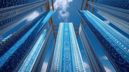 Indigo Printed Fabric Drying on Bamboo Rack