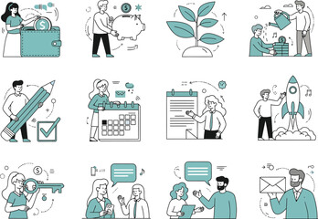 Set of twelve hand drawn illustrations depicting various scientific and research activities