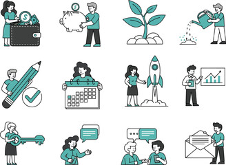 Diverse business and finance illustrations depicting growth and collaboration