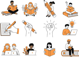 Collection of diverse people reading books in various poses and settings