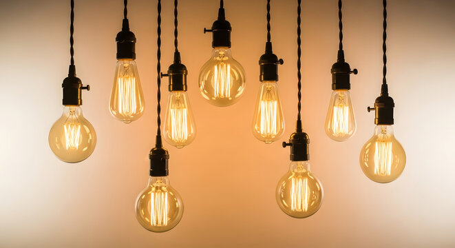 Collection of vintage edison incandescent light bulbs hanging from black cords with warm glow