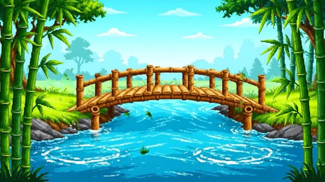 Pixelated scene depicts a wooden bridge arching over a flowing river with bamboo