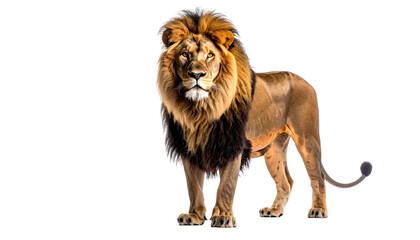 Obraz premium Regal lion stands proudly, dark mane contrasts black background