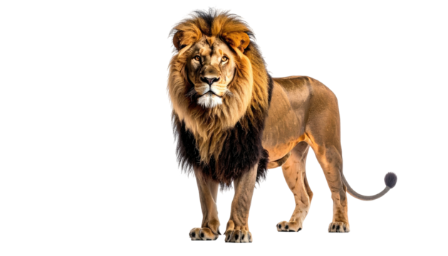 Regal lion stands proudly, dark mane contrasts black background