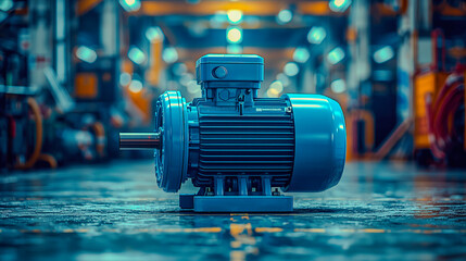 Close-up of a strong blue electric motor with a soft blurred backdrop, highlighting advanced engineering, reliable performance, and industrial power.