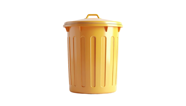 3D-rendered yellow trash bin with lid on a black background