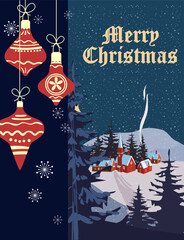 Retro Merry Christmas greeting card, background. Christmas balls, winter village