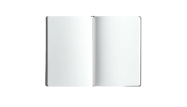 Open blank book, facing pages, soft shadows