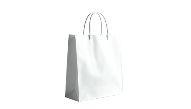 Blank white shopping bag with handles, casting a shadow
