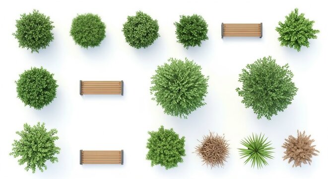 Top view collection of diverse plants and park benches set isolated on white background