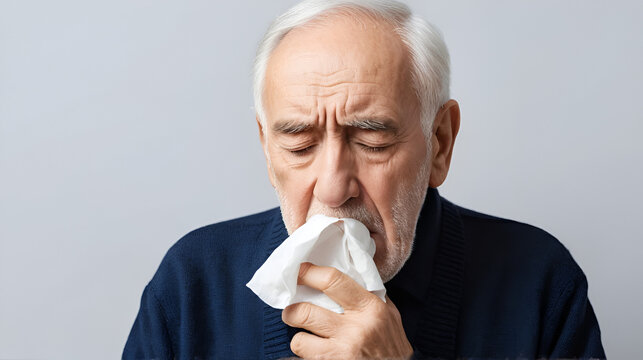 Old man coughing to tissue