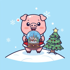 Cute Christmas Pig Vector Illustration in Santa Outfit Holding Snow Globe Beside Tree on Snowy Blue Background