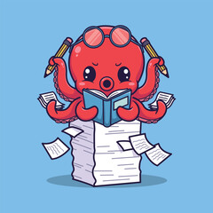 Cute Studying Octopus Vector Illustration with Glasses, Papers, and Books on Light Blue Background