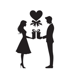 Couple exchanging a gift silhouette