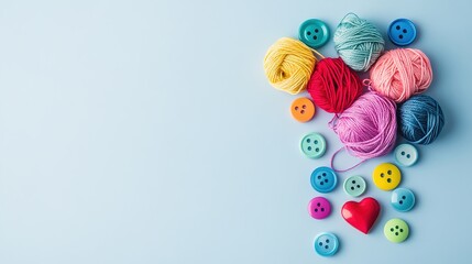 Colorful Yarn Balls and Buttons on Light Blue Background