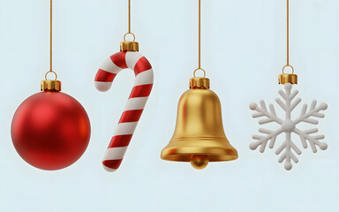 Minimal Christmas ornaments with candy cane and bell