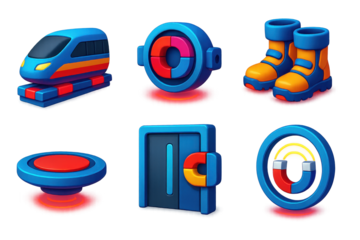 Futuristic Magnetic Icons. 3D icon set of futuristic magnetic tech: magnetic lev train, repulsion engine, magnetic boots, hover