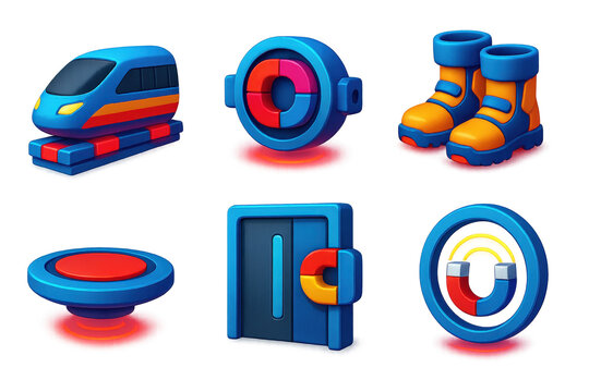 Futuristic Magnetic Icons. 3D icon set of futuristic magnetic tech: magnetic lev train, repulsion engine, magnetic boots, hover