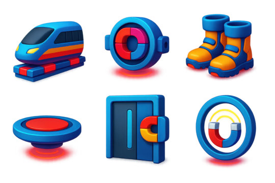 Futuristic Magnetic Icons. 3D icon set of futuristic magnetic tech: magnetic lev train, repulsion engine, magnetic boots, hover