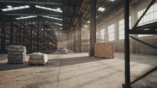 Abandoned industrial warehouse interior with damaged racks and dusty floor, showing neglect and disuse for industrial storage concept.