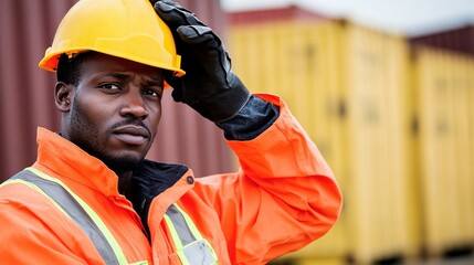 African Male Worker in Safety Gear Working at Container Yard