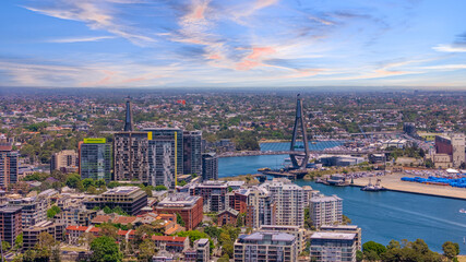Naklejka premium 18 November 2025 Panoramic night view of Sydney Harbour and City Skyline of NSW Australia beautiful colourful skies on a beautiful spring day