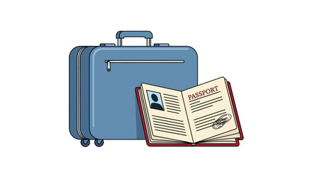 A blue suitcase sits beside an open passport with a photo and a stamp