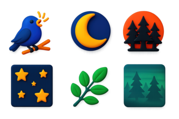 Moonlit Woodland Icons. 3D icon set of woodland at night: singing bird, crescent moon, silhouetted trees, starry sky, quiet branch