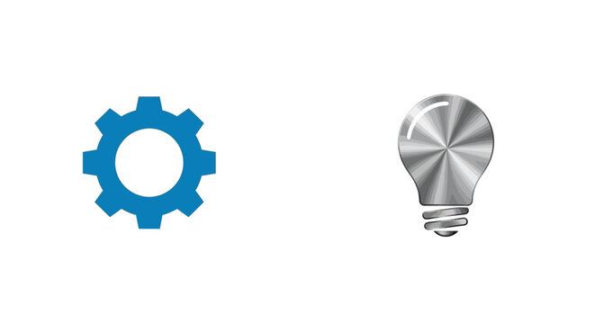 A blue gear and a lightbulb are placed sidebyside against a white background