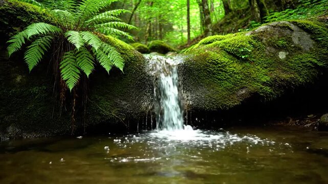 A cascading waterfall flows over moss-covered rocks into a clear pool, surrounded by lush green foliage
