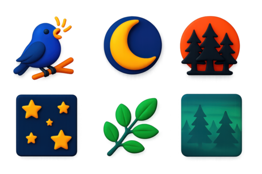 Moonlit Woodland Icons. 3D icon set of woodland at night: singing bird, crescent moon, silhouetted trees, starry sky, quiet branch