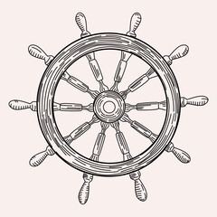 Black and white sketch engraving line ship steering wheel isolated, flat vector line art5