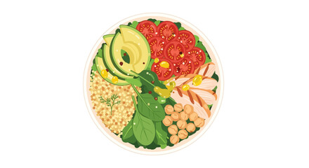 A vibrant salad bowl with avocado tomatoes chicken grains chickpeas and greens