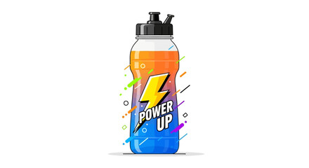 A vibrant sports drink bottle filled with a gradient liquid  labeled Power Up