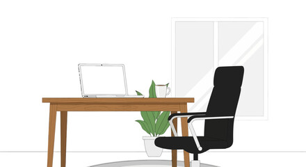 A work desk with a laptop plant and coffee cup next to an office chair and a window