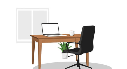 A work station with a laptop coffee mug and office chair set against a window