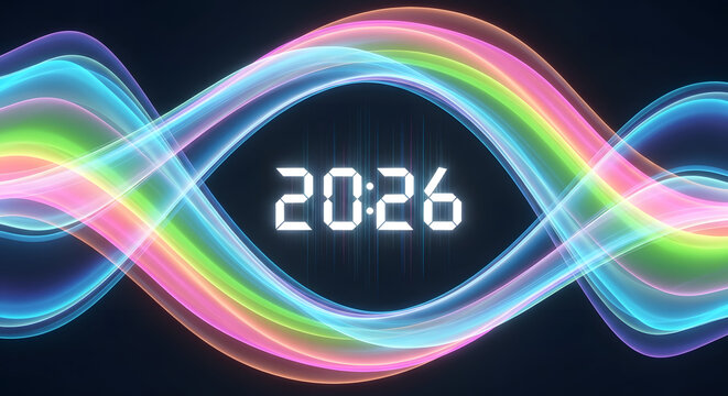 2026 Digital Clock with Colorful Wavy Light Trails - Powered by Adobe