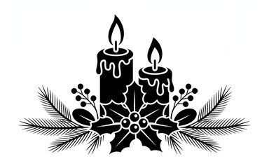 Two burning candles with holly leaf berries and pine branches arranged as a festive winter holiday emblem