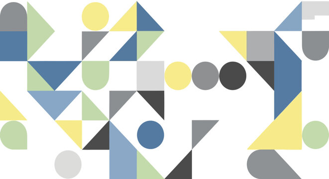 An abstract arrangement of simple geometric shapes in light muted tones against a white background - Powered by Adobe