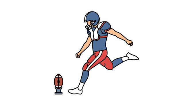 An American football kicker in blue uniform kicking an American football ready to score a field goal