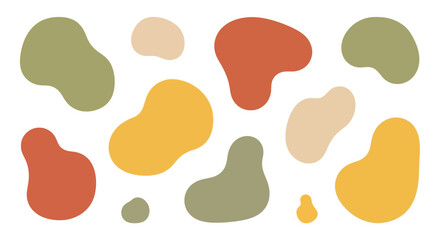 Assorted abstract blobs two yellows two oranges three greens two tans and one smaller green scattered across a white background